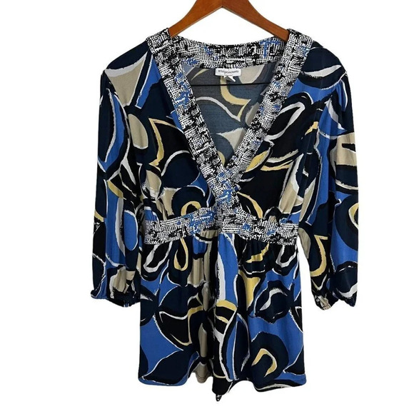 Liz Lange Maternity Blue Yellow Abstract Blouse XXL Waist Tie Draped Neck Top - Picture 1 of 11